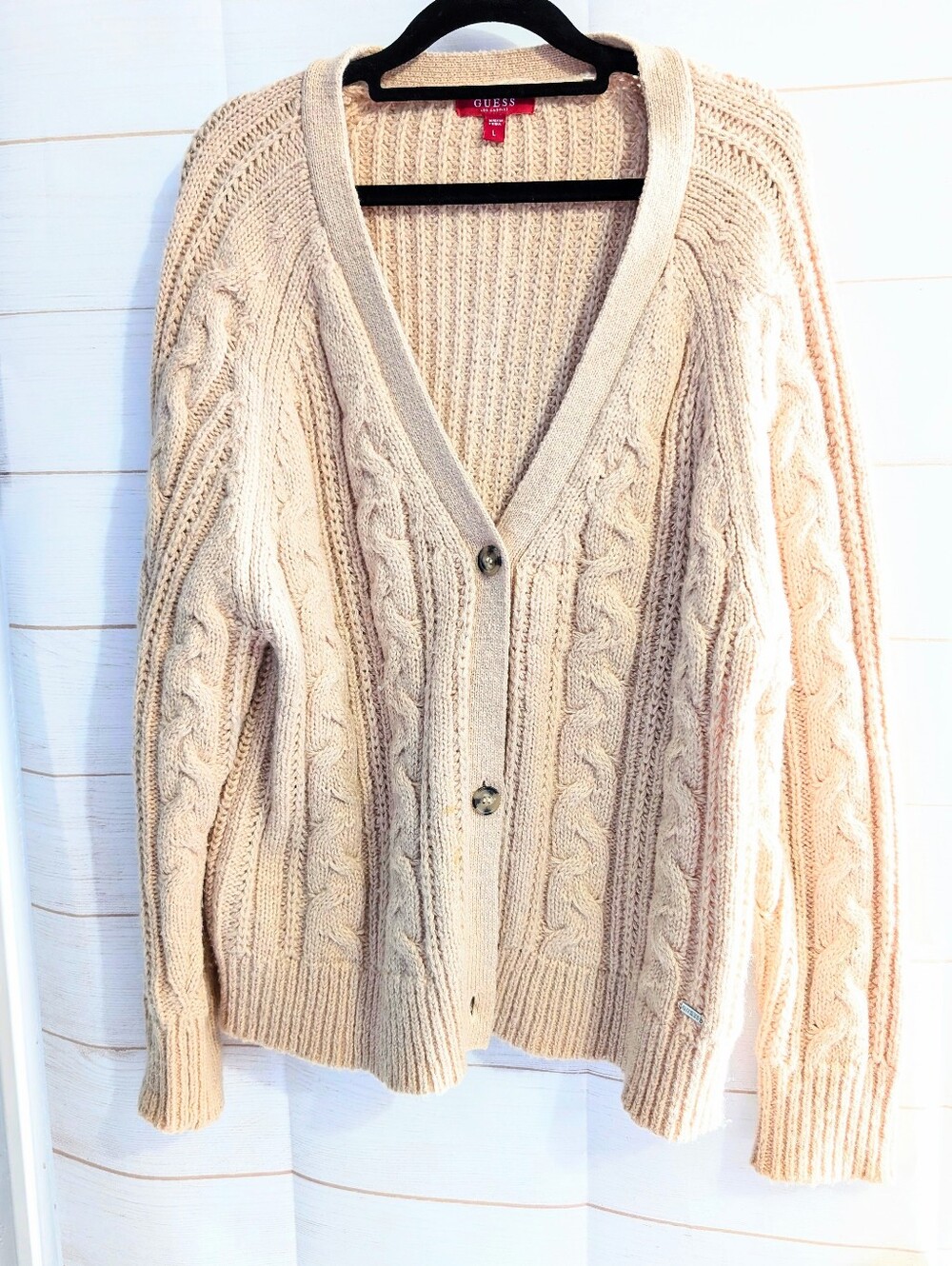 GUESS Tan / Beige Cable Knit V-Neck Cardigan Sweater Size Large
